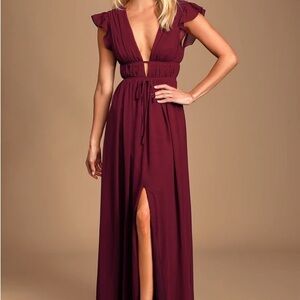 Lulus I’m All Yours Burgundy Ruffled Maxi Dress